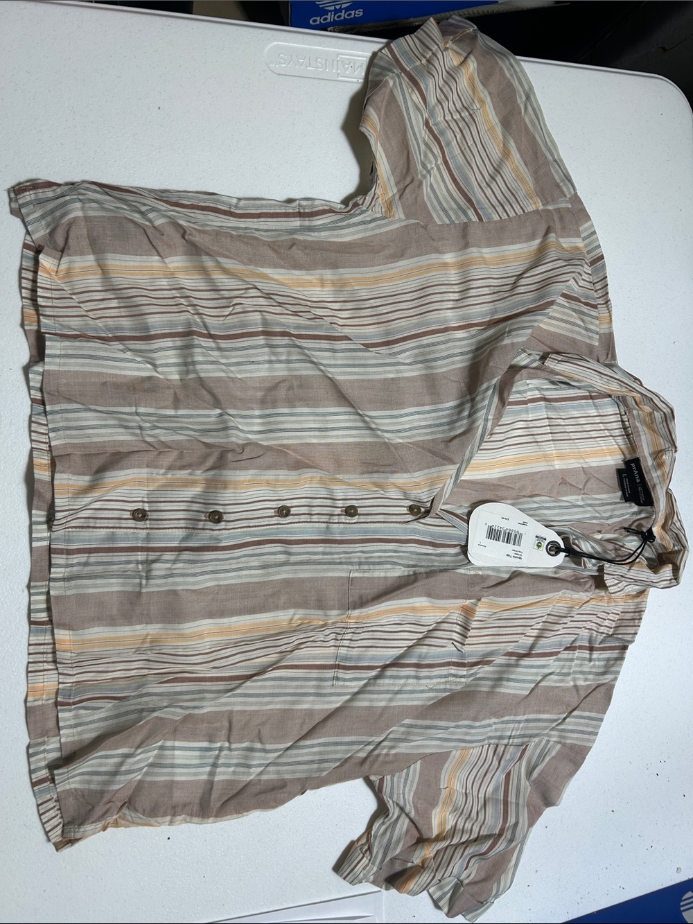 Prana Striped Short-Sleeve Blouse in Beige, White, Tan